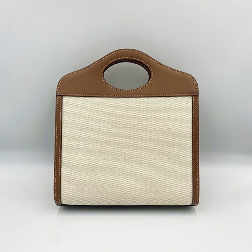 Brown Canvas Leather Two-tone Pocket Mini Tote Bag - Picture 4 of 9